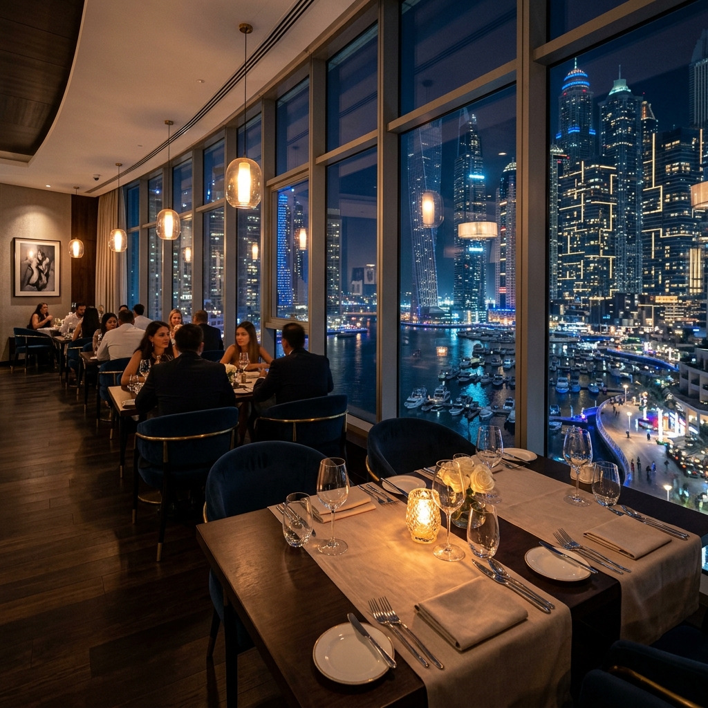 Fine dining restaurant overlooking the marina at night