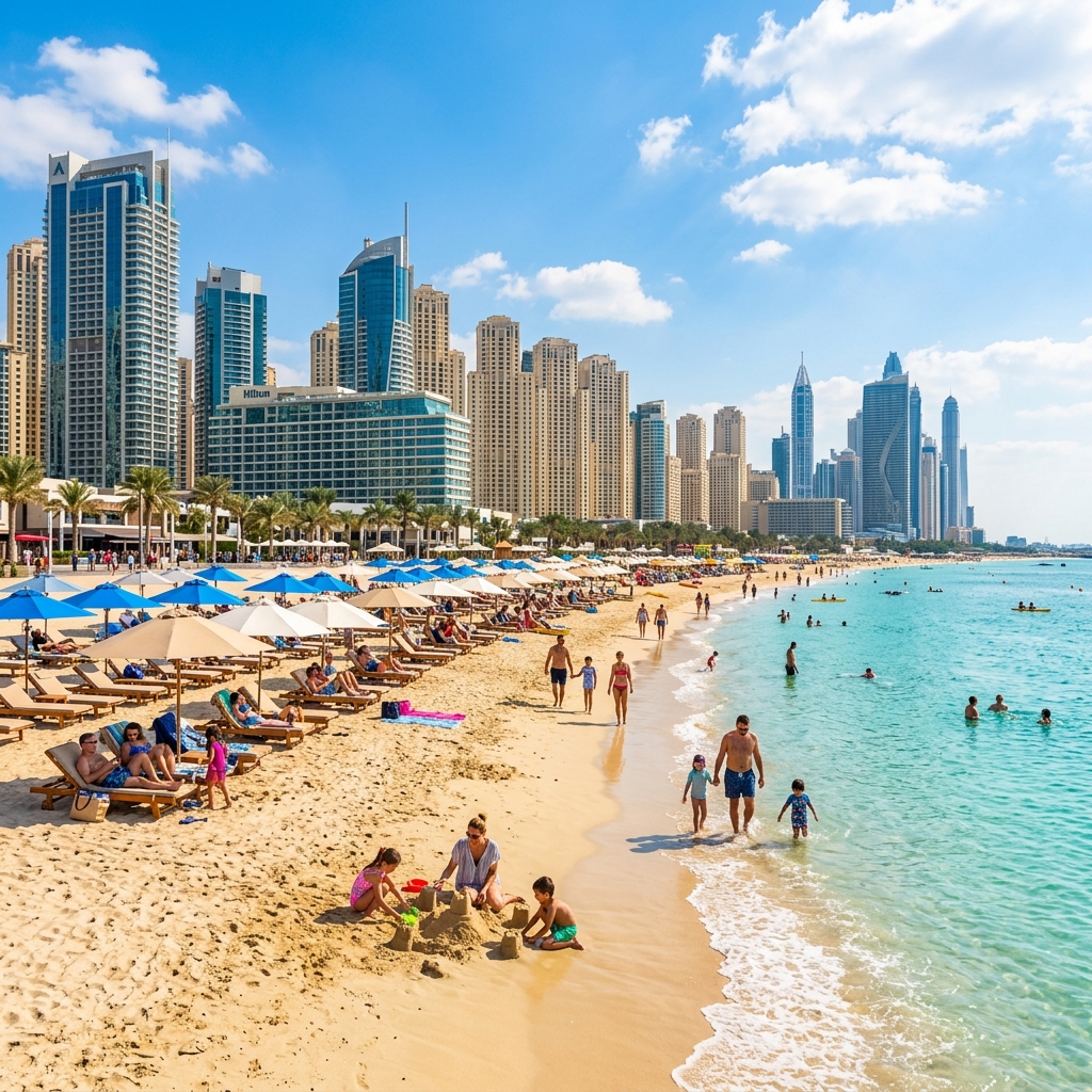 JBR Beach with Dubai Marina skyline