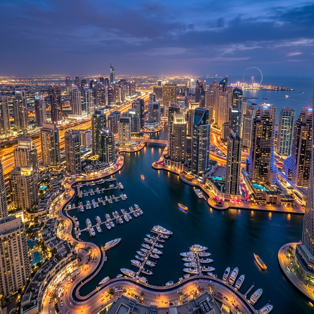 Aerial view of Dubai Marina at twilight